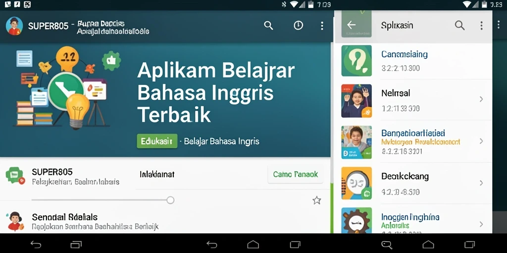 Antarmuka aplikasi SUPER805 dengan fitur belajar bahasa Inggris yang interaktif.